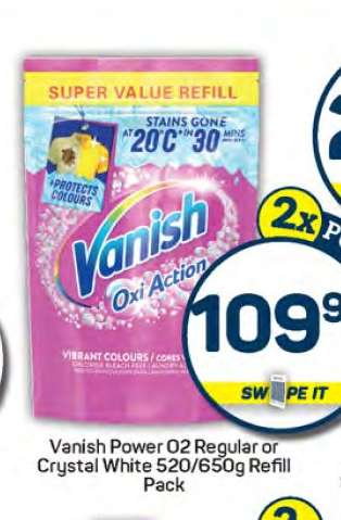 Vanish Power O2 Regular or Crystal White 520/650g Refill Pack
