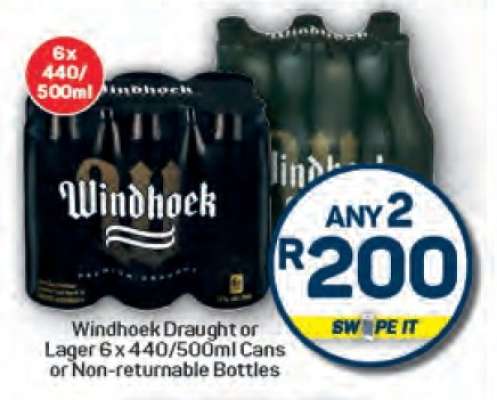 Windhoek Draught or Lager 6 x 440/500ml Cans or Non-returnable Bottles