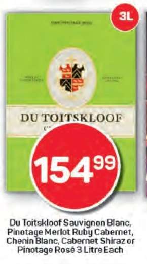 Du Toitskloof Sauvignon Blanc, Pinotage Merlot Ruby Cabernet, Chenin Blanc, Cabernet Shiraz or Pinotage Rose 3 Litre Each