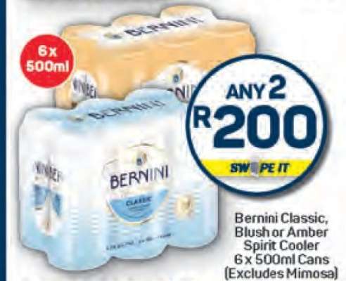Bernini Classic, Blush or Amber Spirit Cooler 6 x 500ml Cans