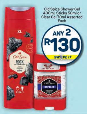 Old Spice Shower Gel 400ml, Sticks 50ml or Clear Gel 70ml Assorted Each
