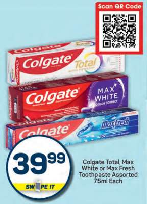 Colgate Total, Max White or Max Fresh Toothpaste Assorted 75ml Each