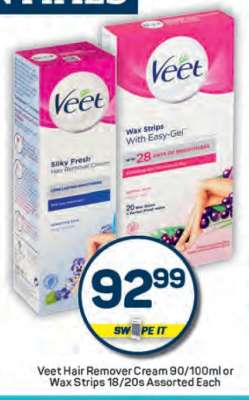 Veet Hair Remover Cream 90/100ml or Wax Strips 18/20s Assorted Each