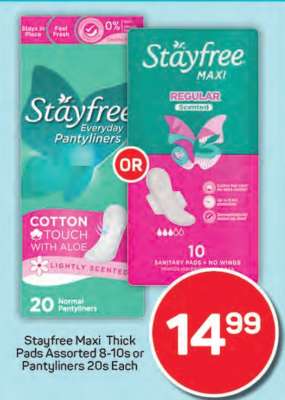Stayfree Maxi Thick Pads Assorted 8-10s or Pantyliners 20s Each