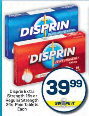 Disprin Extra Strength 16s or Regular Strength 24s Pain Tablets Each