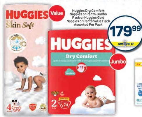 Huggies Dry Comfort Nappies or Pants Jumbo Pack or Huggies Gold Nappies or Pants Value Pack Assorted Per Pack