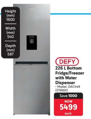 DEFY 226 L Bottom Fridge/Freezer with Water Dispenser