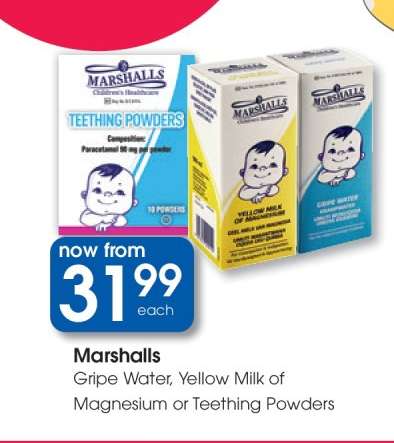 Marshalls Gripe Water, Yellow Milk of Magnesium or Teething Powders