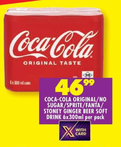 COCA-COLA ORIGINAL/NO SUGAR/SPRITE/FANTA/STONEY GINGER BEER SOFT DRINK 6x300ml per pack