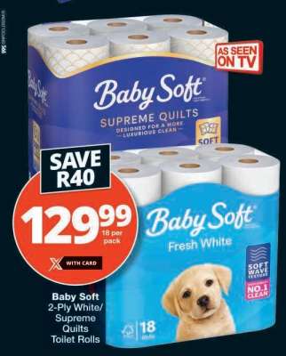 Baby Soft 2-Ply White/Supreme Quilts Toilet Rolls