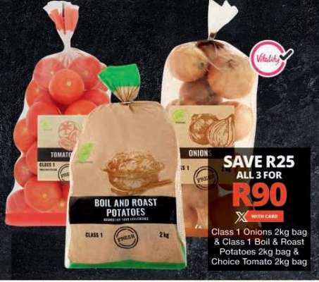 Class 1 Onions, Boil & Roast Potatoes, Choice Tomato