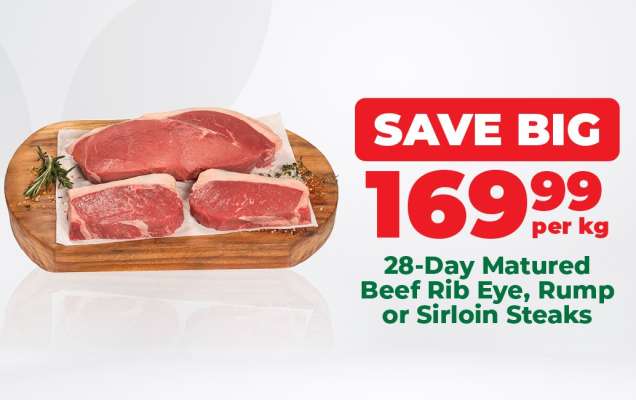 28-Day Matured Beef Rib Eye, Rump or Sirloin Steaks