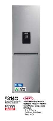 DEFY Satin Metallic-Finish Bottom-Freezer Fridge with Water Dispenser DAC475