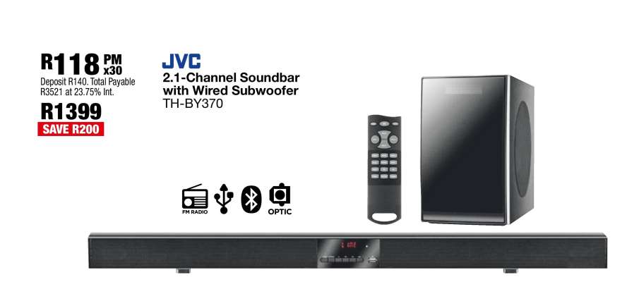 JVC 2.1-Channel Soundbar with Wired Subwoofer TH-BY370