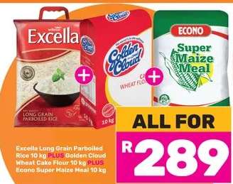 Excella Long Grain Parboiled Rice 10 kg PLUS Golden Cloud Wheat Cake Flour 10 kg PLUS Econo Super Maize Meal 10 kg