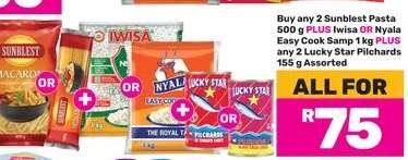 Sunblest Pasta, Iwisa/Nyala Easy Cook Samp, Lucky Star Pilchards