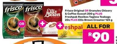 Frisco Original OR Granules Chicory & Coffee Gusset 200g PLUS Freshpak Rooibos Tagless Teabags 20s PLUS Ellis Brown Creamer 125g