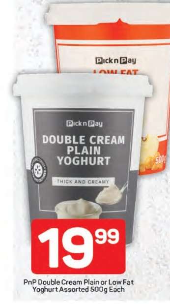 PnP Double Cream Plain or Low Fat Yoghurt Assorted 500g Each
