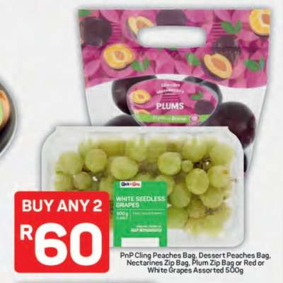 PnP Cling Peaches Bag, Dessert Peaches Bag, Nectarines Zip Bag, Plum Zip Bag or Red or White Grapes Assorted 500g