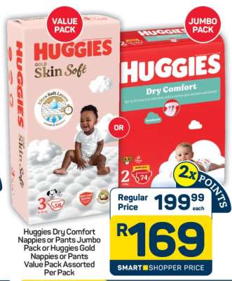 Huggies Dry Comfort Nappies or Pants Jumbo Pack or Huggies Gold Nappies or Pants Value Pack Assorted Per Pack