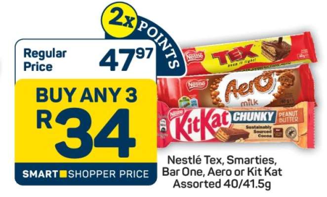 Nestlé Tex, Smarties, Bar One, Aero or Kit Kat Assorted 40/41.5g