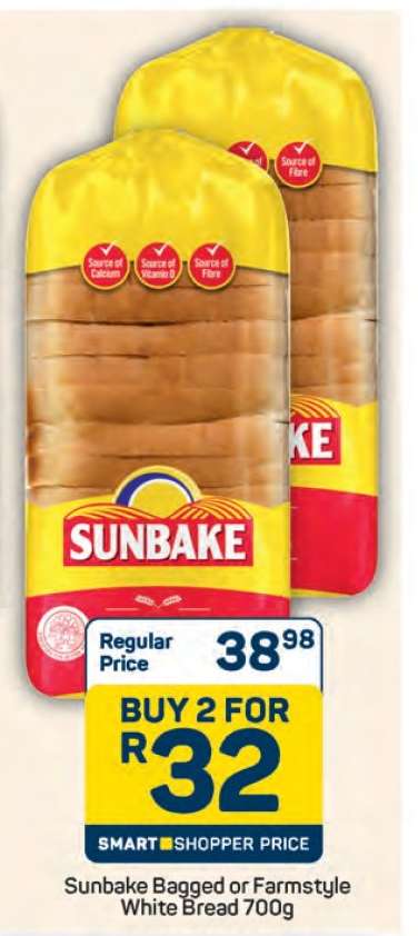 Sunbake Bagged or Farmstyle White Bread 700g