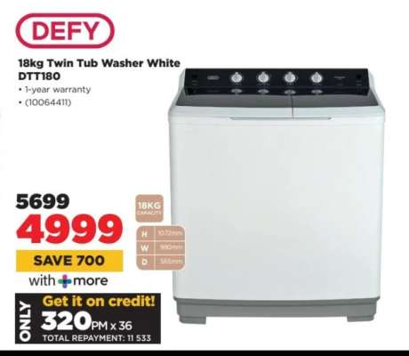 DEFY 18kg Twin Tub Washer White DTT180