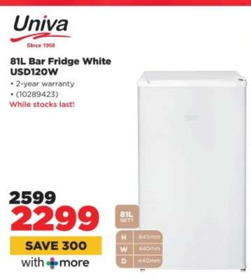 Univa 81L Bar Fridge White USD120W