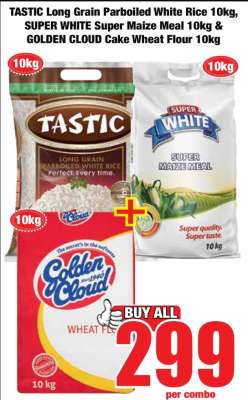 TASTIC Long Grain Parboiled White Rice 10kg, SUPER WHITE Super Maize Meal 10kg & GOLDEN CLOUD Cake Wheat Flour 10kg