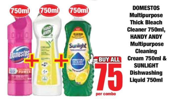 DOMESTOS Multipurpose Thick Bleach Cleaner 750ml, HANDY ANDY Multipurpose Cleaning Cream 750ml & SUNLIGHT Dishwashing Liquid 750ml