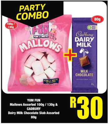 YUM FUN Mallows Assorted 100g / 130g & CADBURY Dairy Milk Chocolate Slab Assorted 80g