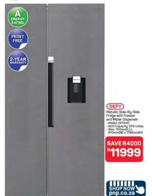 Defy Metallic Side-by-Side Fridge with Freezer and Water Dispenser
