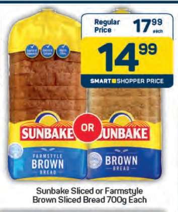 Sunbake Sliced or Farmstyle Brown Sliced Bread 700g Each