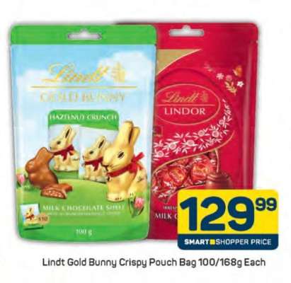 Lindt Gold Bunny Crispy Pouch Bag 100/168g Each