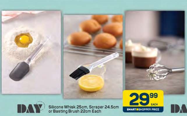 Silicone Whisk 25cm, Scraper 24.5cm or Basting Brush 22cm Each