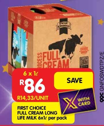 FIRST CHOICE FULL CREAM LONG LIFE MILK 6x1ℓ per pack