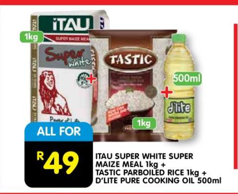 ITAU SUPER WHITE SUPER MAIZE MEAL 1kg + TASTIC PARBOILED RICE 1kg + D'LITE PURE COOKING OIL 500ml