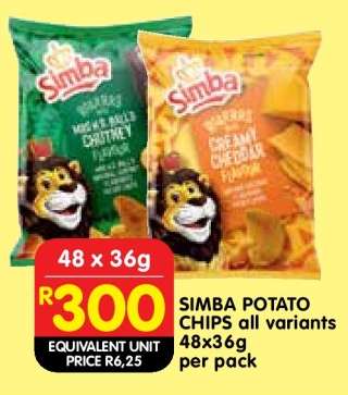 SIMBA POTATO CHIPS all variants 48x36g per pack