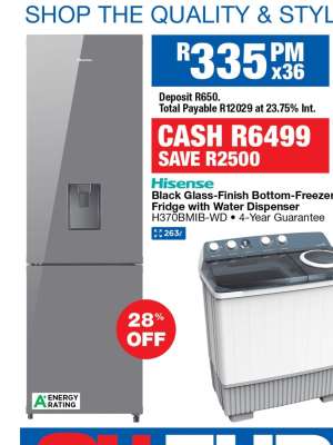 Hisense Black Glass-Finish Bottom-Freezer Fridge with Water Dispenser