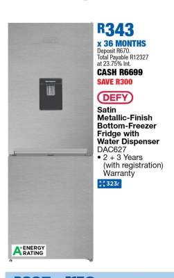 DEFY Satin Metallic-Finish Bottom-Freezer Fridge with Water Dispenser DAC627