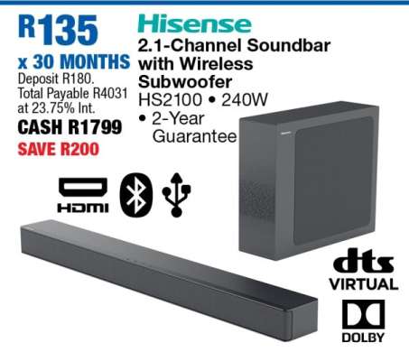 Hisense 2.1 Channel Soundbar With Wireless Subwoofer