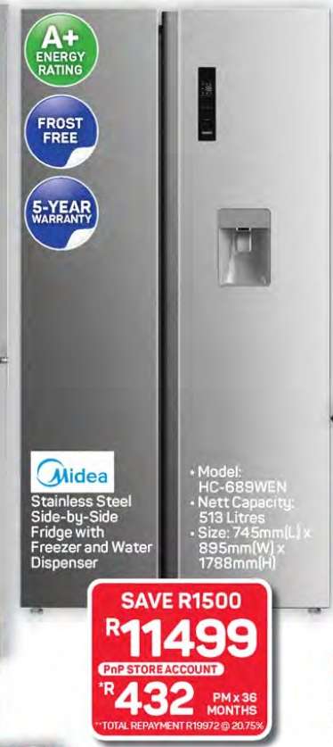 Midea Stainless Steel Side-by-Side Fridge with Freezer and Water Dispenser