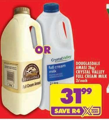 DOUGLASDALE AMASI 2kg/CRYSTAL VALLEY FULL CREAM MILK 2ℓ each
