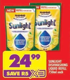 Sunlight Dishwashing Liquid Refill-750ml Each