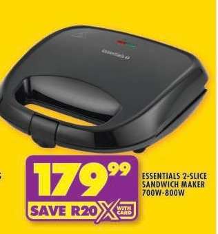 ESSENTIALS 2-SLICE SANDWICH MAKER 700W-800W