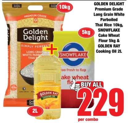 GOLDEN DELIGHT Premium Grade Long Grain White Parboiled Thai Rice 10kg, SNOWFLAKE Cake Wheat Flour 5kg & GOLDEN RAY Cooking Oil 2L