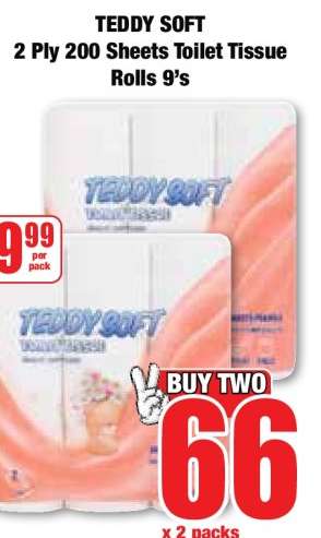 TEDDY SOFT 2 Ply 200 Sheets Toilet Tissue Rolls 9's