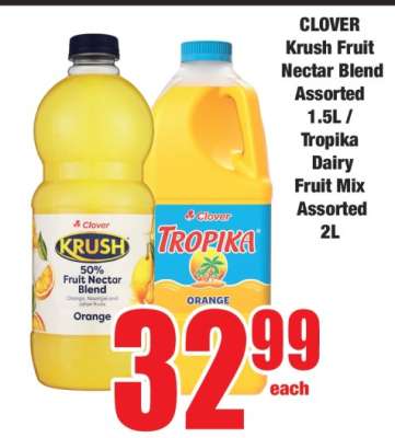 CLOVER Krush Fruit Nectar Blend Assorted 1.5L / Tropika Dairy Fruit Mix Assorted 2L