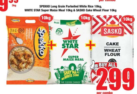 SPEKKO Long Grain Parboiled White Rice 10kg, WHITE STAR Super Maize Meal 10kg & SASKO Cake Wheat Flour 10kg