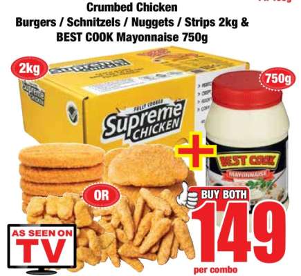 Crumbed Chicken Burgers / Schnitzels / Nuggets / Strips 2kg & BEST COOK Mayonnaise 750g